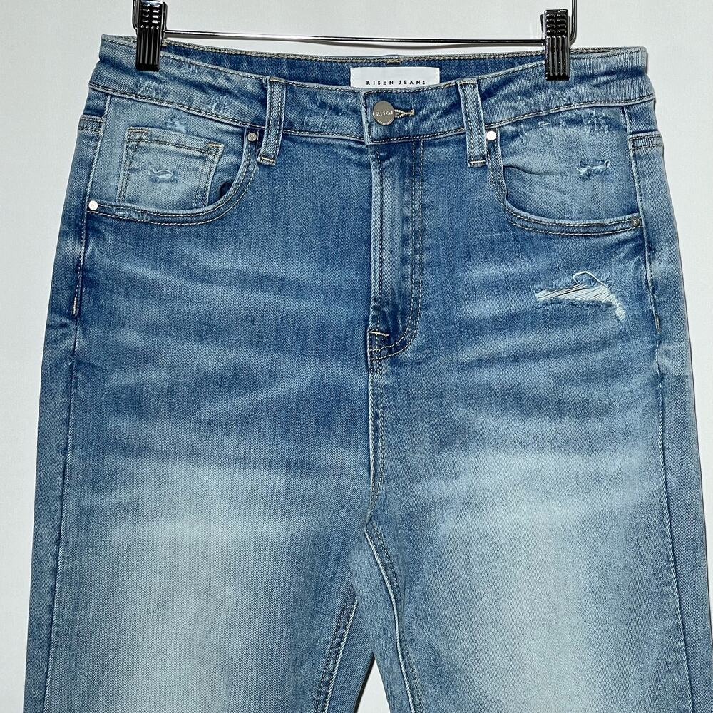 Risen High Rise Distressed Frayed Hem Flare Leg Blue Womens Size 31 - Picture 6 of 14